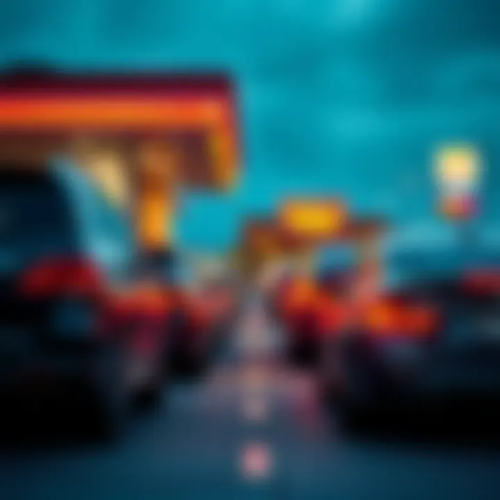 Several cars waiting in line at a busy drive-through restaurant