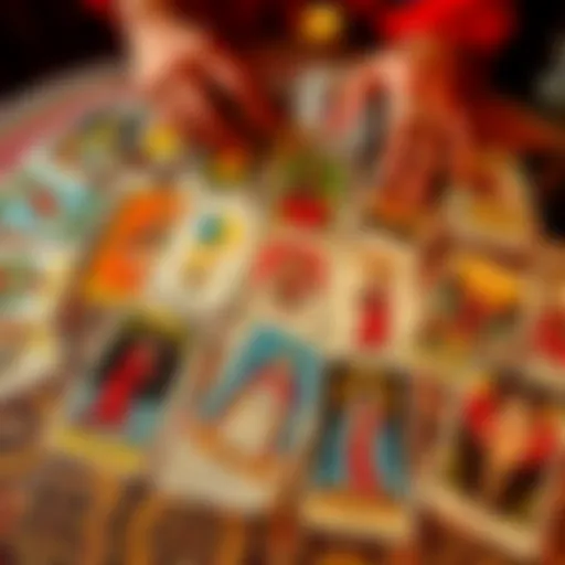 A colorful spread of tarot cards on a table, showcasing different symbols and images, with a person’s hands reaching towards them, indicating a reading.