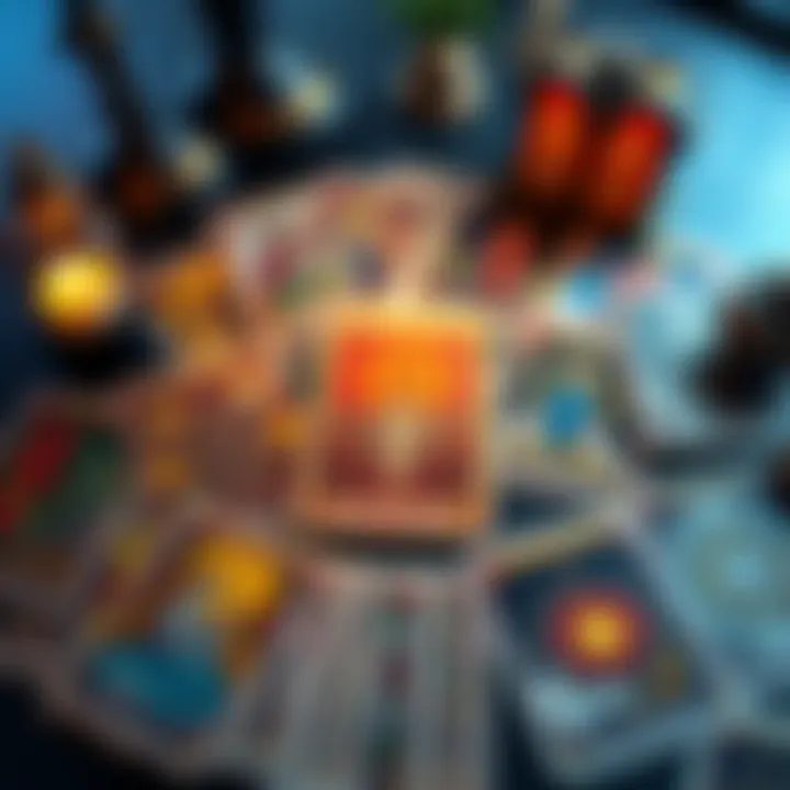 A spread of tarot cards on a table, each card depicting various symbols and images that represent guidance and insights.