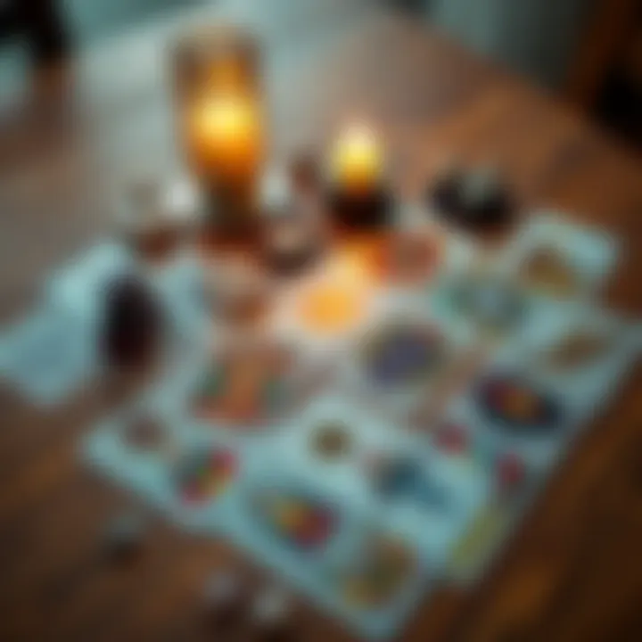 A colorful spread of tarot cards laid out on a wooden table, with a candle and crystals nearby, symbolizing a cartomancy reading.