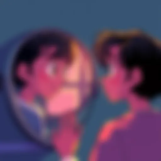 A cartoon character looks into a mirror, seeing a distorted version of themselves, representing psychosis and self-perception