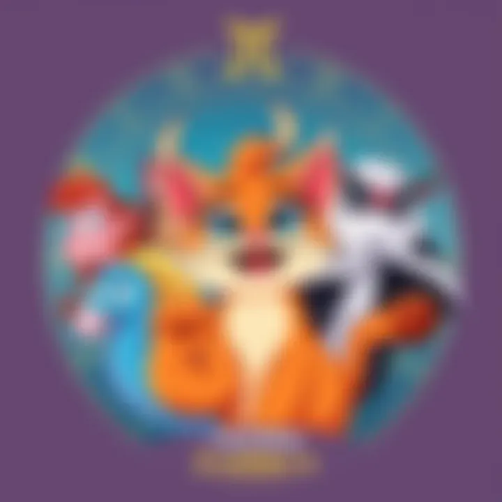 A colorful illustration showing various cartoon characters representing different zodiac signs, including a happy cat for Taurus, surrounded by astrological symbols.