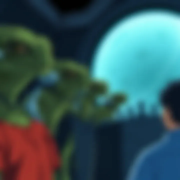 A scene from an anime showing reptilian aliens in disguise, observing humans in a dark environment, symbolizing the Prison Planet theory.