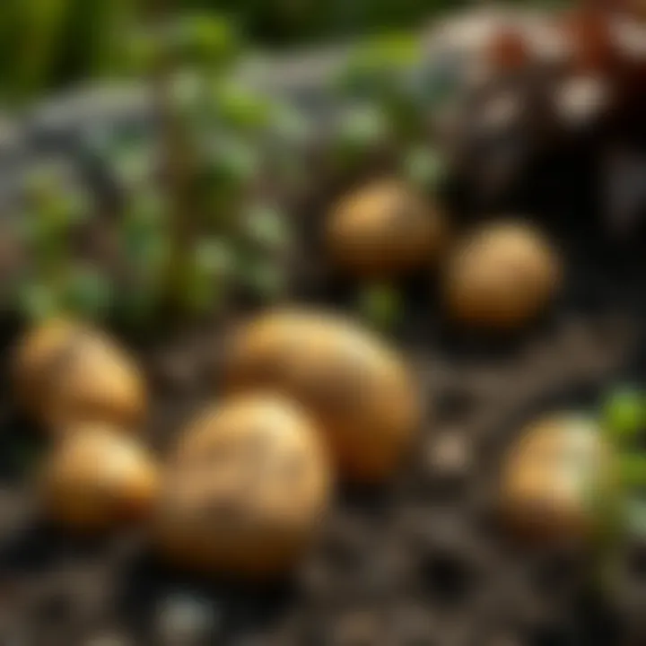 Carved potatoes in garden Potatoes with carved intentions placed in a garden, symbolizing wishes being planted, surrounded by soil and greenery.