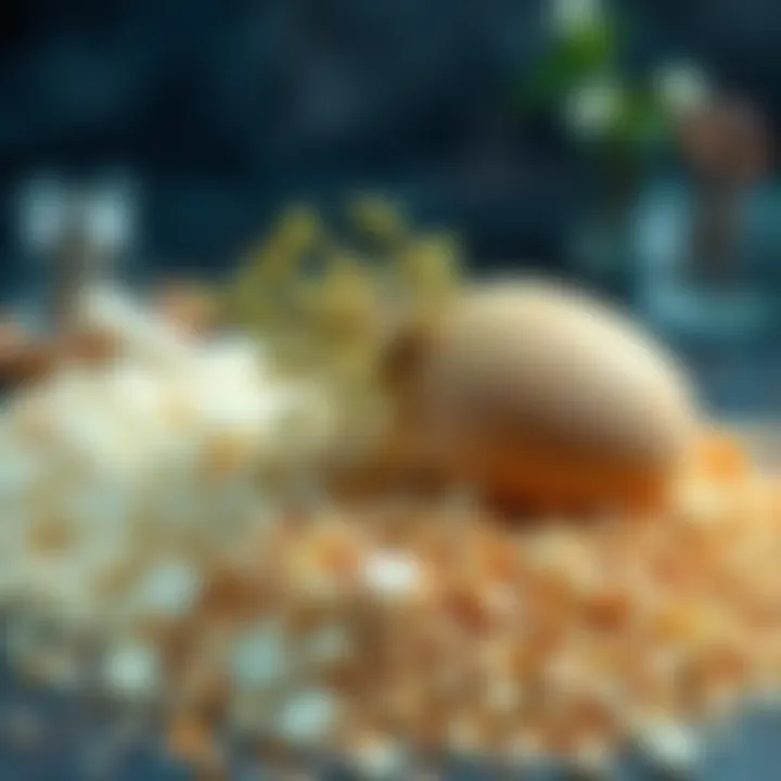 A display of cascarilla including the plant and crushed eggshells, highlighting their different forms and uses.