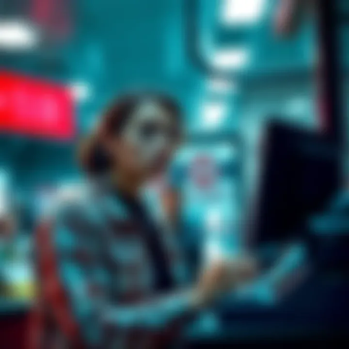 A cashier looking concerned at a truck stop cash register with a suspicious man in the background