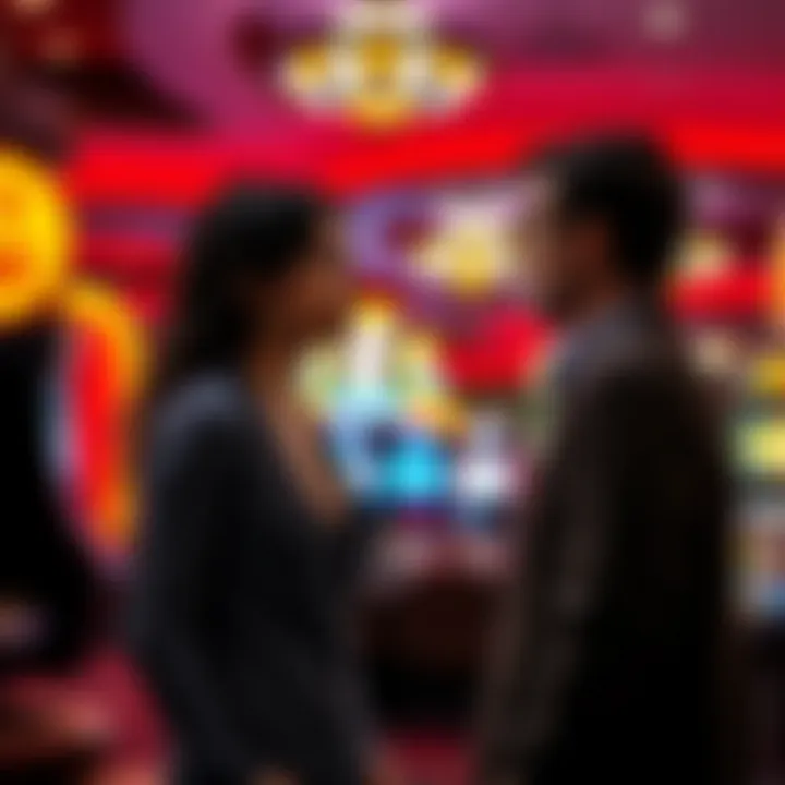 A woman and a man standing at a casino, having a curious conversation that seems unusual. The atmosphere is lively with colorful lights and slot machines in the background.