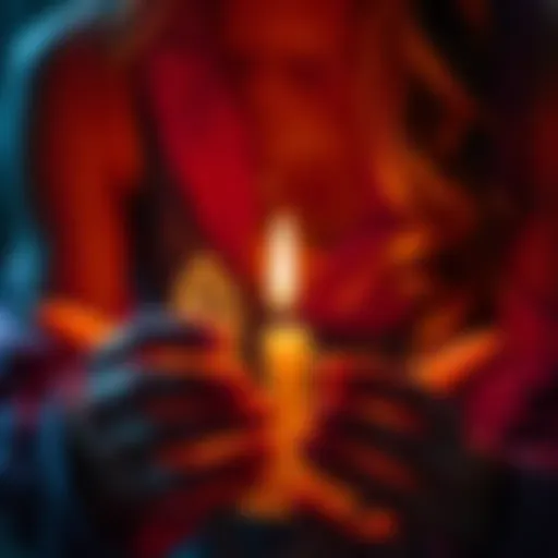 A person lighting a candle and holding crystals, focusing on a new relationship, symbolizing self-love and moving on from an ex.