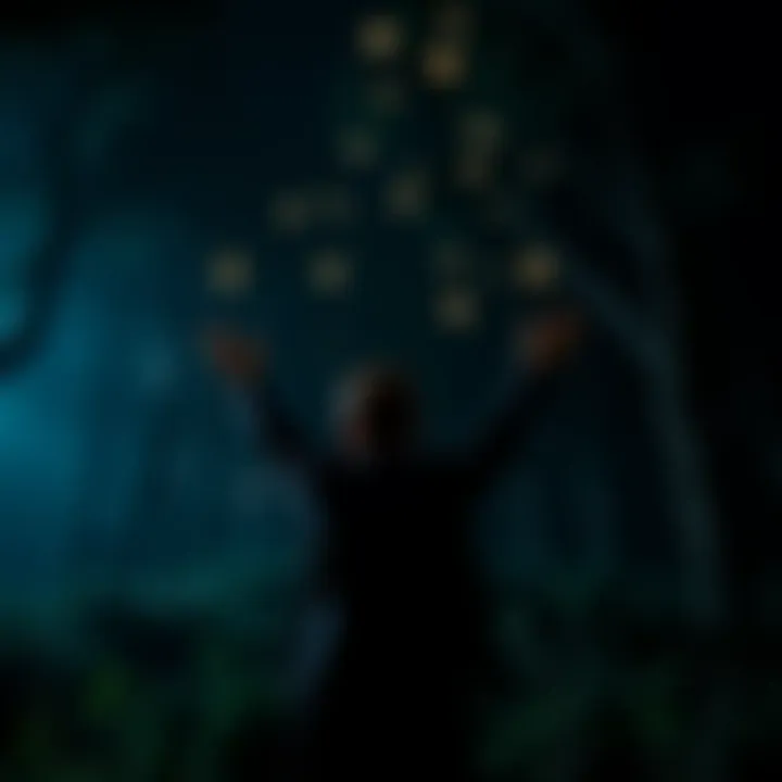 A person standing in a dark forest, raising their hands towards the sky while surrounded by glowing orbs, symbolizing the act of casting a spell without knowing the target's identity.