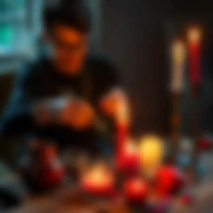 A person mixing herbs and candles at a table, preparing to cast a love spell using common items.