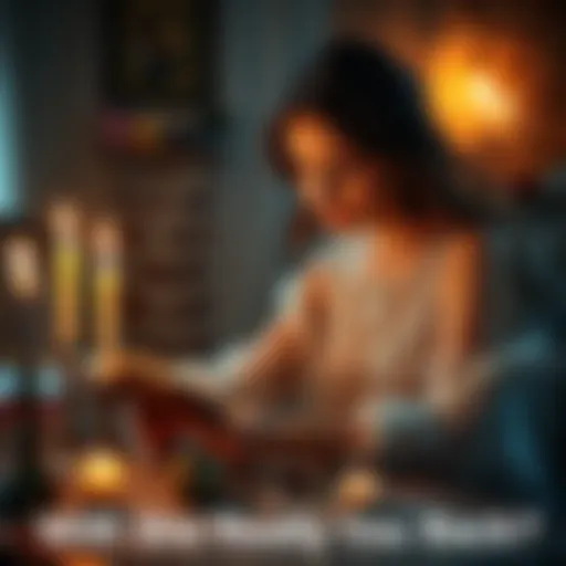 A person sitting at a table with candles and crystals, focused on a spell book while holding a piece of jewelry, symbolizing a desire to rekindle a relationship.