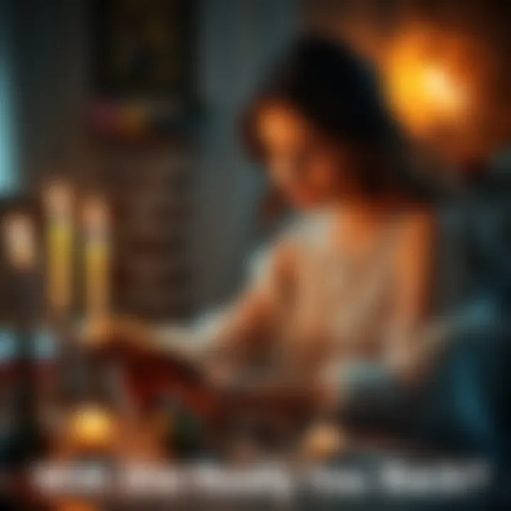 A person sitting at a table with candles and crystals, focused on a spell book while holding a piece of jewelry, symbolizing a desire to rekindle a relationship.