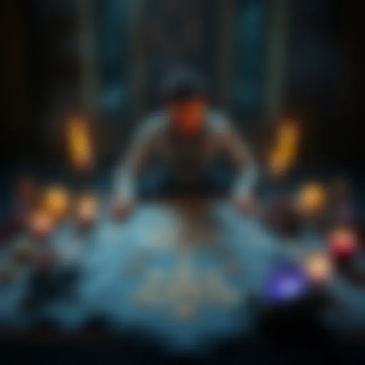 A person casting runes on a cloth, surrounded by crystals and candles.