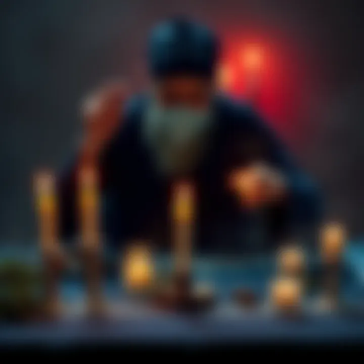 A person performing a break up spell with candles and herbs on a table