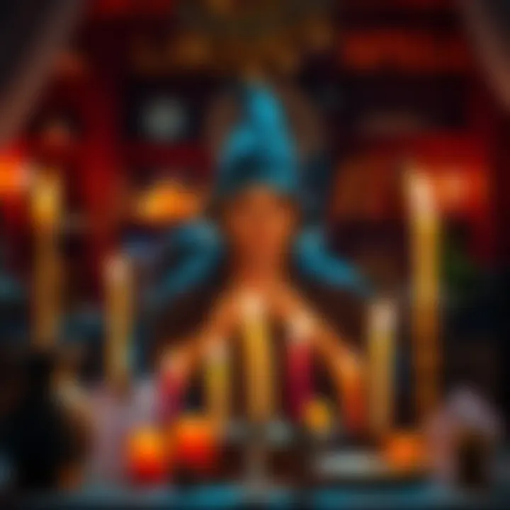 A person in a cozy room surrounded by candles and crystals, preparing to cast their first spell with a focused expression.