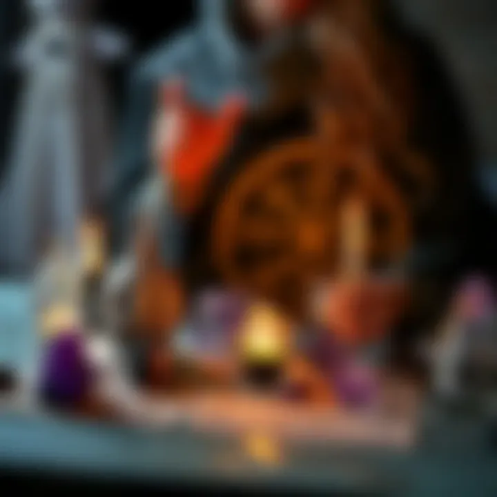 A person casting a protection spell with crystals and herbs on a table, surrounded by symbols of Hecate.