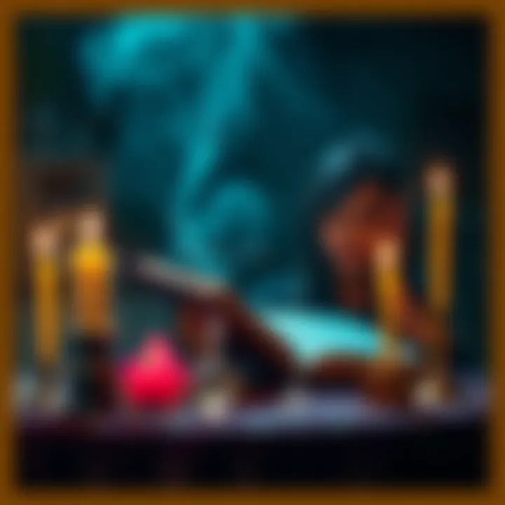 Casting a Regret Spell A person sitting at a table with candles and crystals, focusing on a spell book while casting a regret spell to win back their ex.