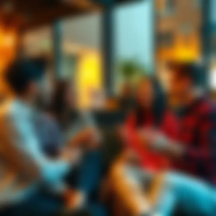 A group of friends chatting casually, expressing relatable sentiments with relaxed body language, showcasing modern conversational tone.