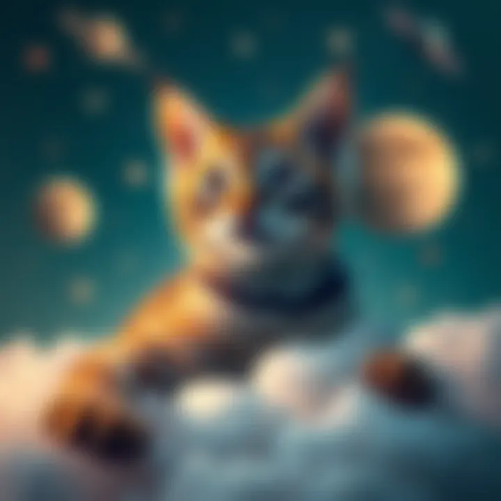 A cat with alien-like eyes and a colorful fur pattern, sitting on a cloud while dreaming, surrounded by stars and planets.