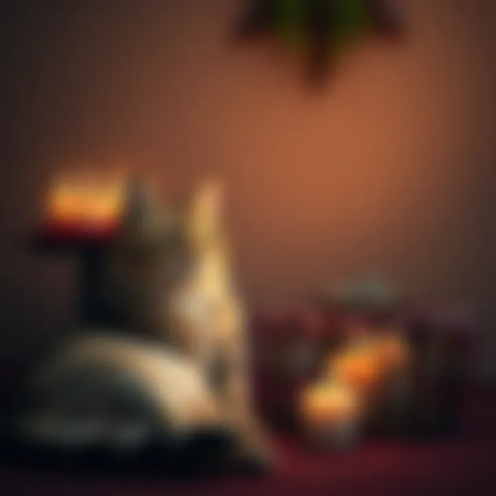 A cat lounging beside a small altar with candles and decorations, looking cozy and relaxed.