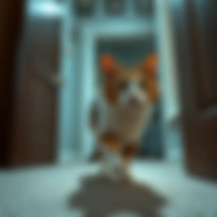 An older cat named Gidget appears to walk out of a room while another cat owner looks surprised, showing a moment of confusion.