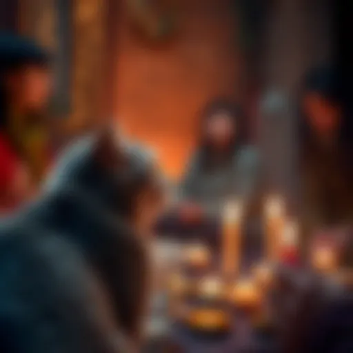 Gray cat watching a group of people performing a ritual with candles and symbols, showing curiosity and caution