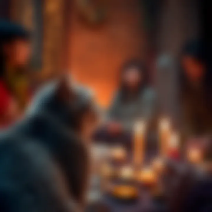 Gray cat watching a group of people performing a ritual with candles and symbols, showing curiosity and caution