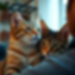 A cat sitting close to its owner, both looking relaxed and focused, suggesting a strong bond and understanding between them.