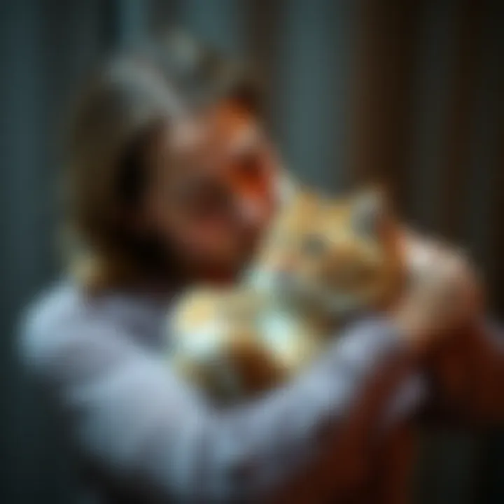 A woman gently holding her elderly cat, both looking emotional as they share a final moment together, symbolizing love and loss.