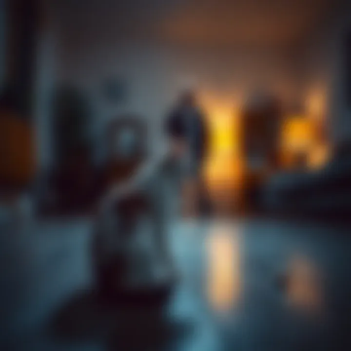 Cat gazing into an empty room A cat sitting in a dimly lit room, staring intently at a spot on the floor while the couple watches curiously in the background