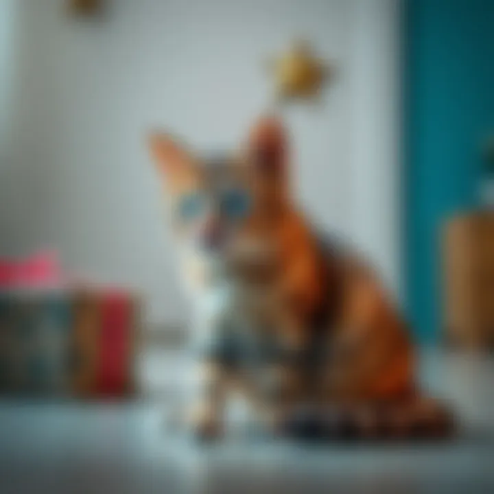 A concerned cat sits next to a mysterious package left at the door, looking puzzled.