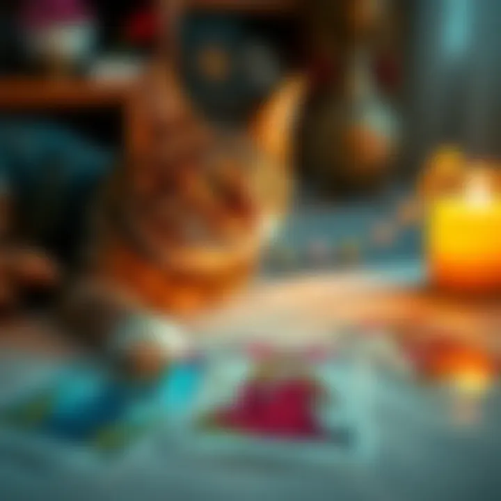 A 5-year-old cat named Shimmy gazes at colorful Tarot cards laid out on a table, depicting the Queen of Pentacles and Queen of Cups, showcasing her bond with her owner.