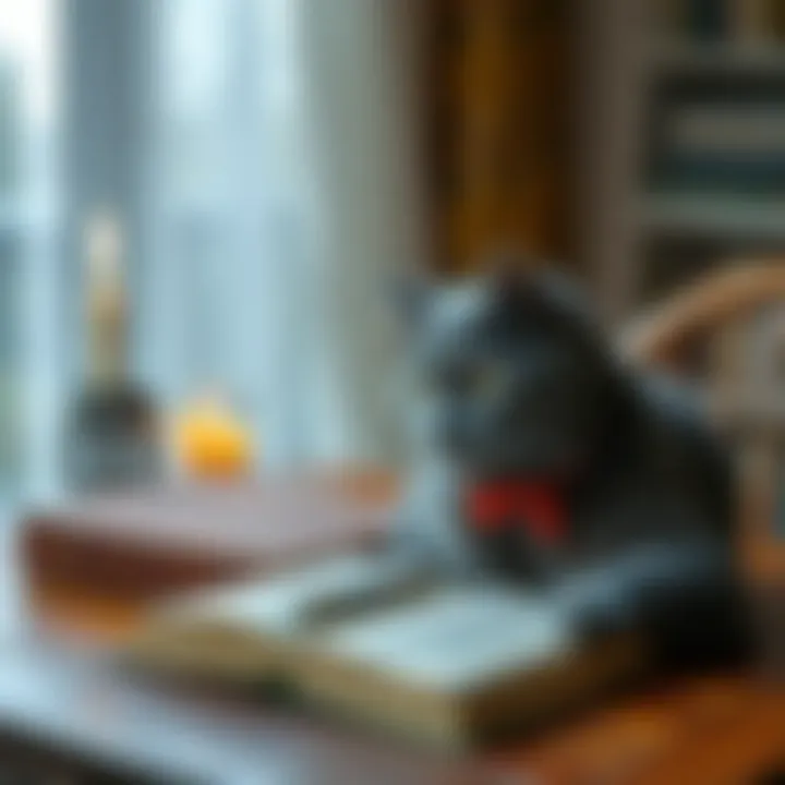 A gray cat named Libby sits next to a mysterious book on a wooden table, gazing thoughtfully as a candle flickers in the background.
