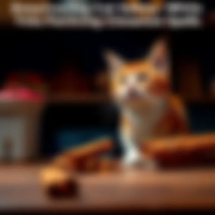 A cat looking curiously at cinnamon sticks placed on a table, with a safe disposal bin nearby.