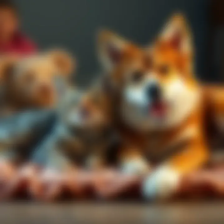 A friendly cat and dog lying next to each other on a cozy rug, showcasing their companionship.