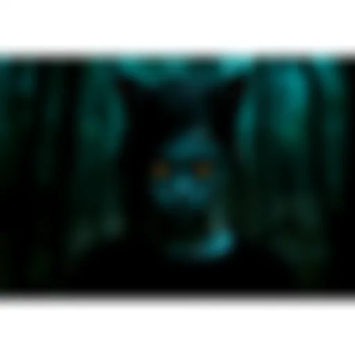 A mysterious girl with cat-like eyes stands in a shadowy forest, creating an eerie atmosphere.