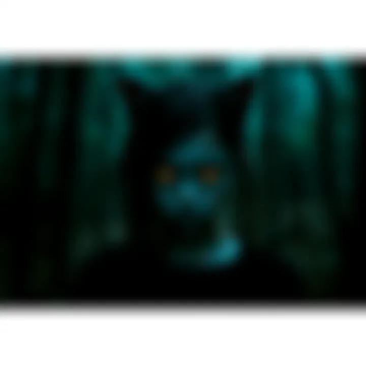 Girl with Cat Eyes in the Dark A mysterious girl with cat-like eyes stands in a shadowy forest, creating an eerie atmosphere.