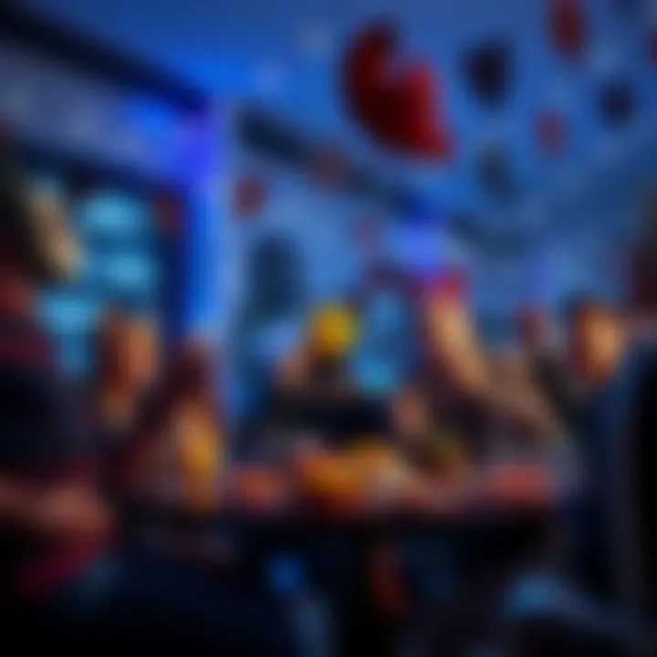 A group of people enjoying a Friday the 13th party with cat decorations, spooky snacks, and festive activities