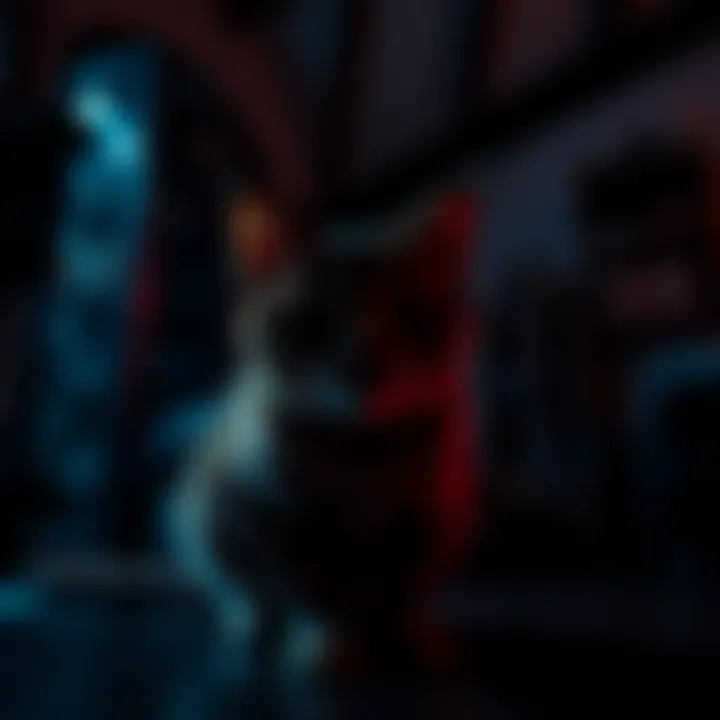 A cat appearing fuzzy and pixelated in a dimly lit room, creating a spooky atmosphere