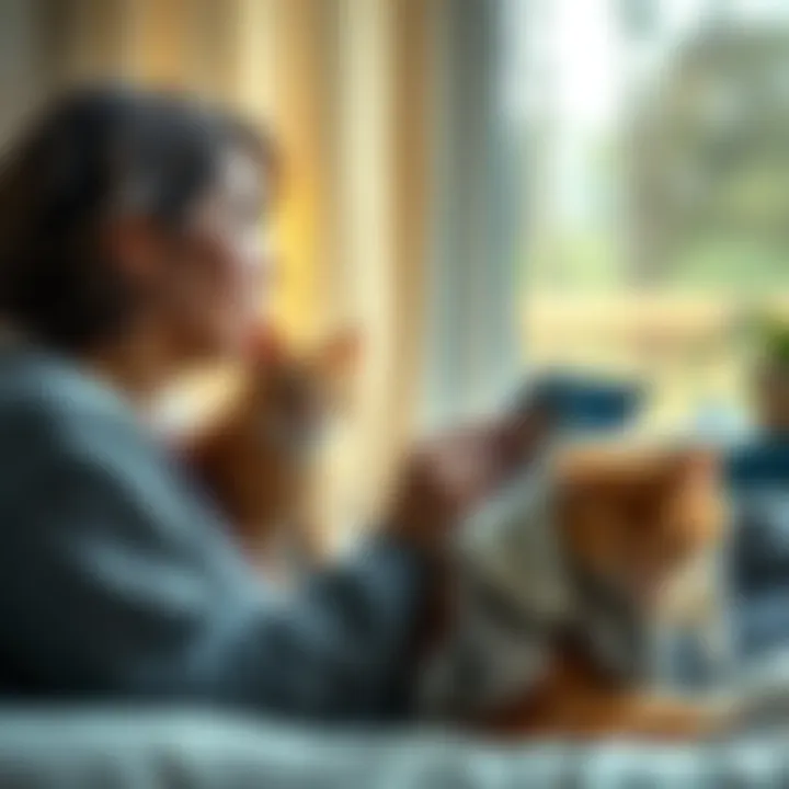 Cat Owner Searching for Lost Pet A worried cat owner looks at a photo of her lost indoor cat while holding a blanket and unwashed clothes, hoping to bring her cat home.