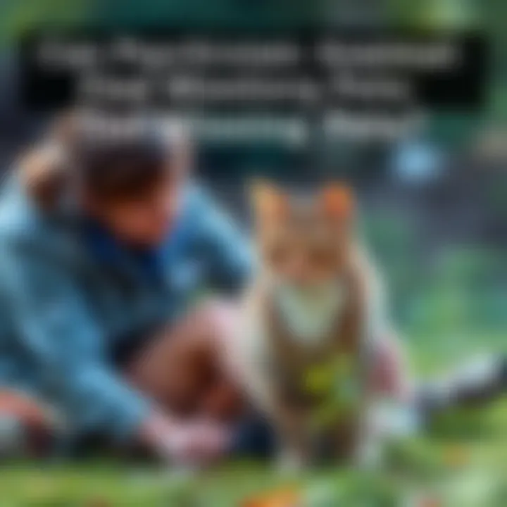 Cat with a psychic communicator A person sitting with a cat, appearing to connect with it mentally, with nature in the background.