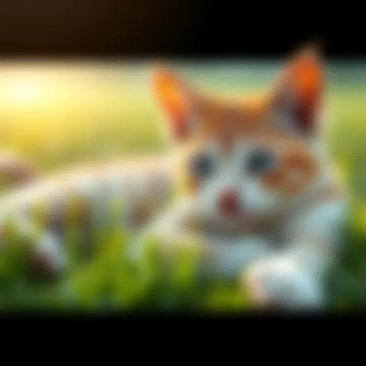 A calm cat lying on grass, symbolizing innocence and tranquility