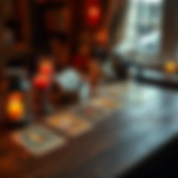 A cozy scene featuring cat tarot cards laid out on a table with a curious cat nearby