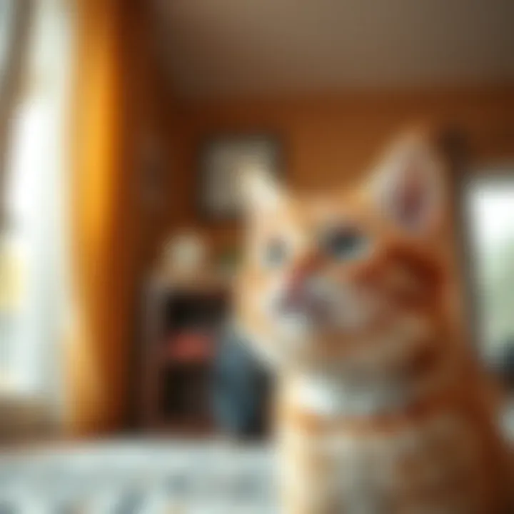 A friendly cat looks alarmed while staring at a visitor in the living room