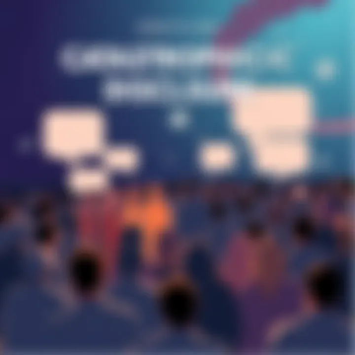 Illustration showing a crowd discussing catastrophic events and their social implications in a community setting with speech bubbles