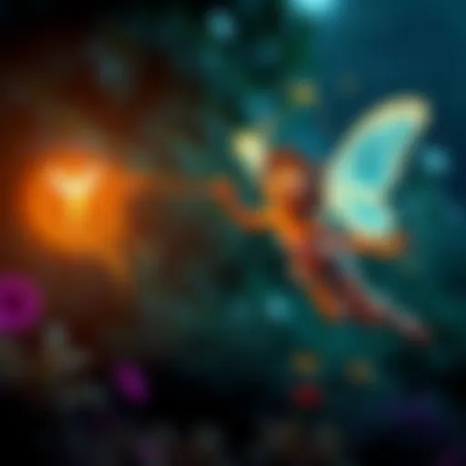 A joyful person with a net reaching out towards a glowing fairy in a garden