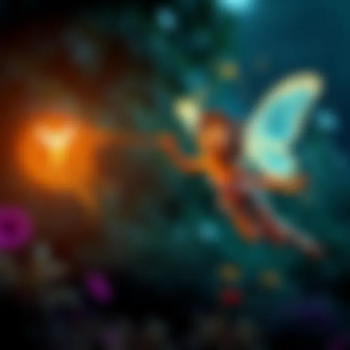 A joyful person with a net reaching out towards a glowing fairy in a garden