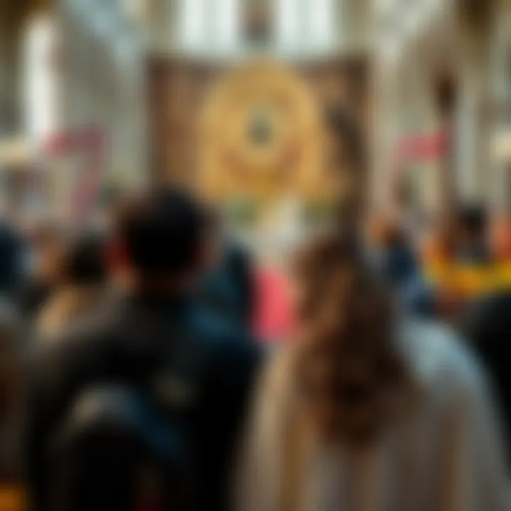 A person with pagan attire observing a Catholic Mass, surrounded by churchgoers and religious symbols.