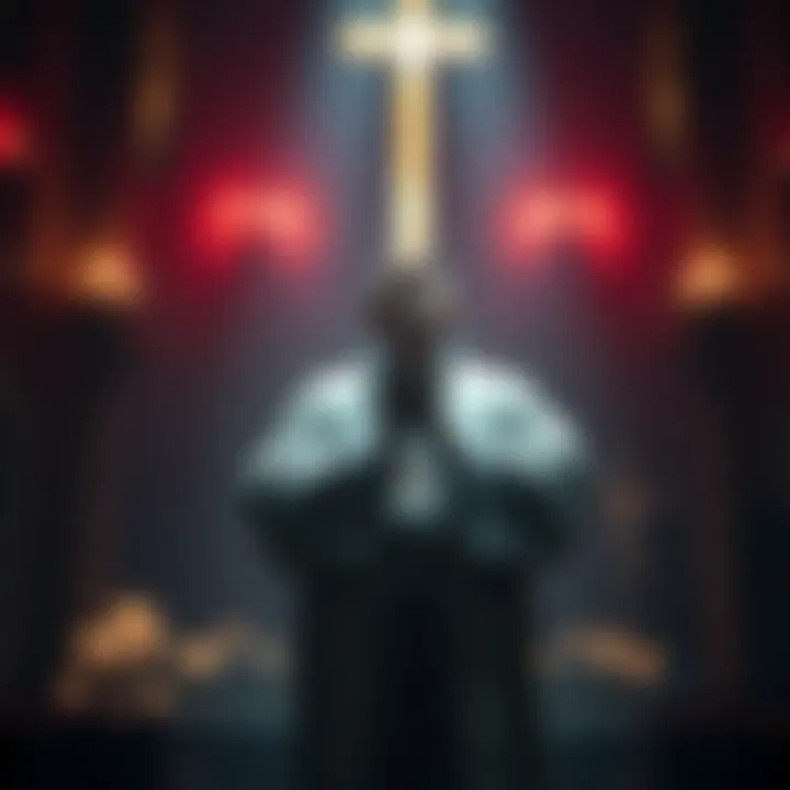 Catholic Priest Performing Exorcism A Catholic priest in traditional robes invoking prayers during an exorcism ceremony in a dimly lit room.