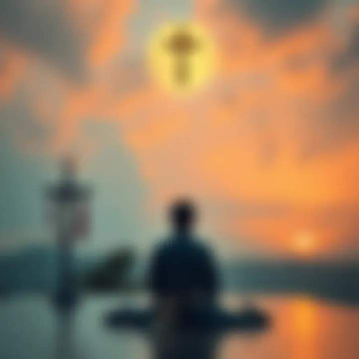 A person sitting in a peaceful setting, contemplating life and death, with religious symbols and a serene background.
